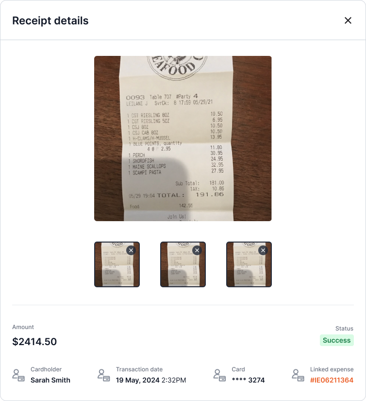 Receipt details modal for a single transaction